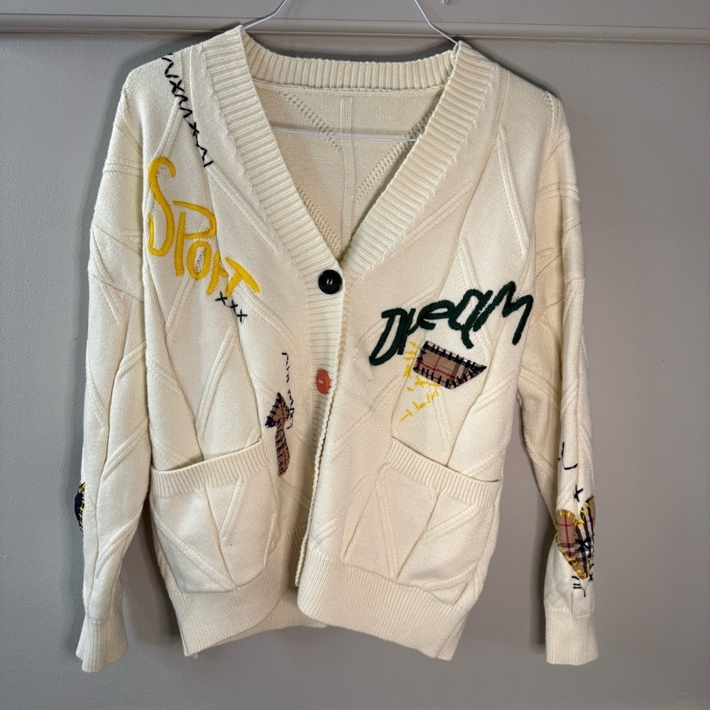 Anrabess Cream Cardigan with Embroidered Accents Lettering Patchwork Thick - Picture 4 of 12